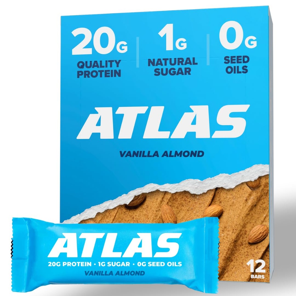 Atlas Protein Bar, 20g Protein, 1g Sukker, Rene ingredienser, Glutenfri, Vanilla Almond (12 greve, pakke med 1)