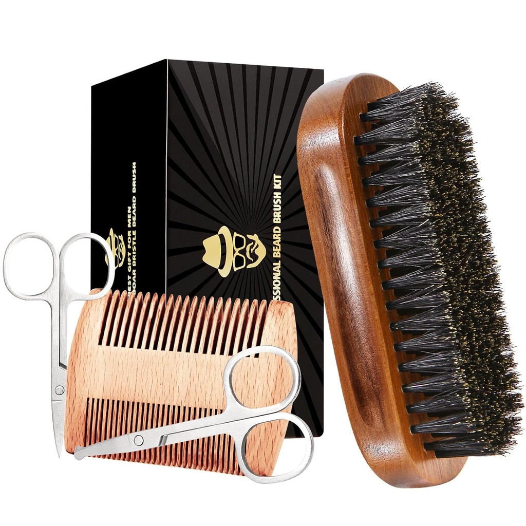 Skjortebørste for menn, Boar Bristle Black Walnut Wood Beards og Mustaches Grooming sett inkludert ren boar Bristle Skjeggbørste, Beard Comb, Mustache Scissors og reisepose