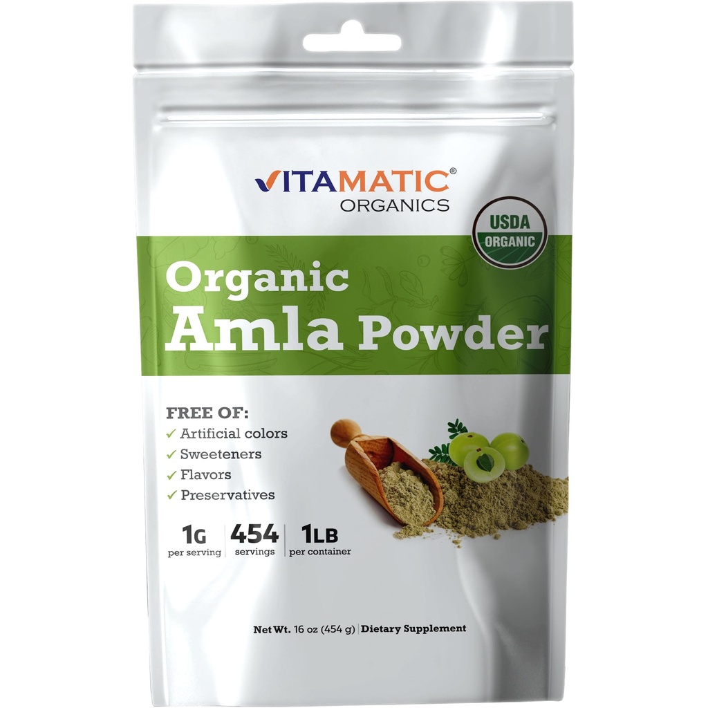 Vitamatic Certified USDA Organic Amla Berry pulver – 1 lb (16 oz) Amalaki | Rik på naturlige vitamin C & antioksidanter | Støtter immunhelse | Glutenfri, ikke-GMO, Kosher