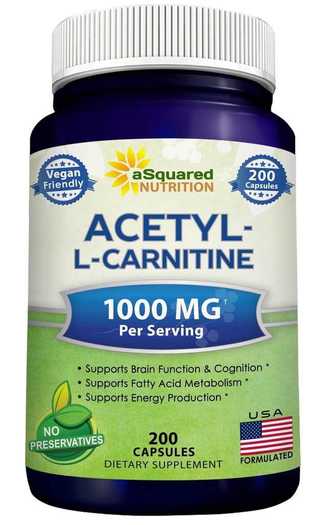 aSquared ernæring Acetyl L-Carnitine 1000mg Max styrke - 200 Veggie kapsler - høy dosering Acetyl L karnitine HCL (ALCAR) Supplement piller for å støtte ren energi, hjernefunksjon og fettsyre