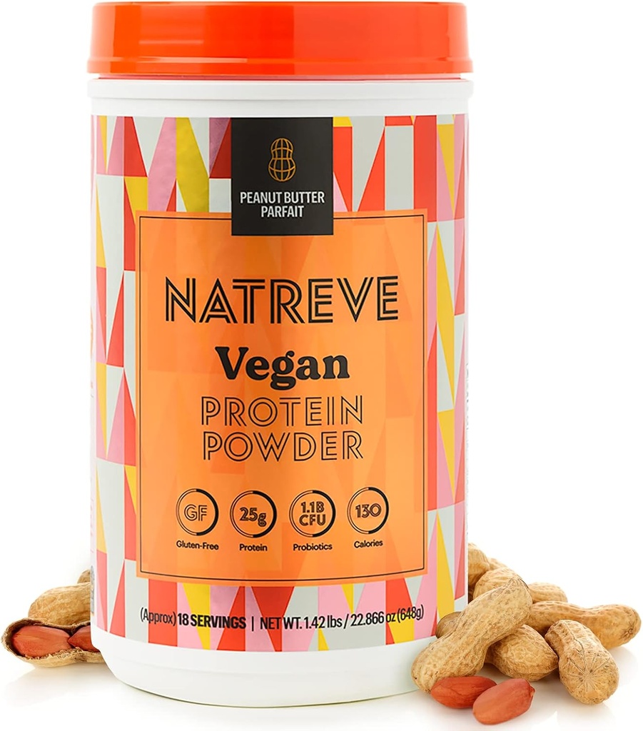 Natreve Vegansk protein pulver - 25g Plant Basert Protein pulver med probiotika og aminosyrer - Glutenfri peanut smør Parfait, 18 Serverer