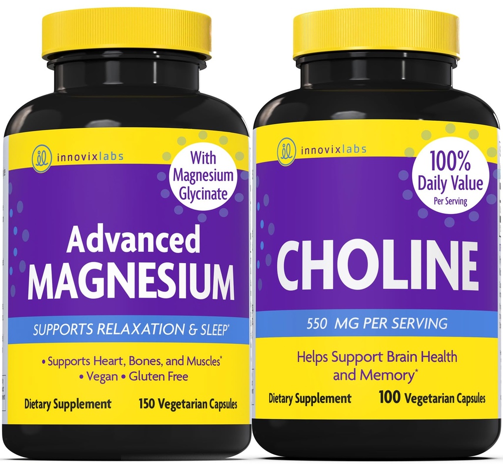 InnovixLabs Choline & Magnesium Bundle Choline Bitartrat 550 mg (100 kapsler) Avansert Magnesium (150 kapsler). Støtter hukommelse, humør, hjernens helse og økt kognitiv.*