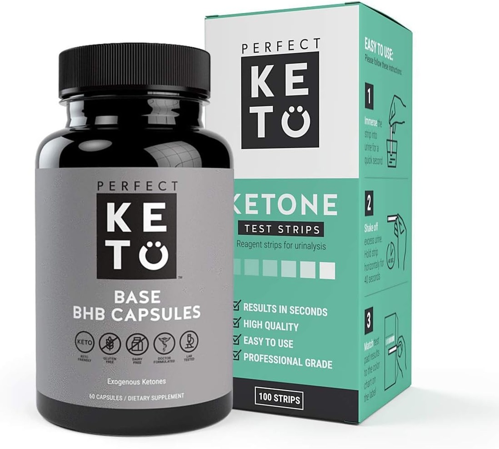 Perfekt keto eksogene ketoner Base BHB Supplement (60 kapsler) - Ketogen kosthold støtte vektkontroll, energi og fokus - Ketose Beta-hydroksybutyrat med (100 stk) keto strimler Bundle