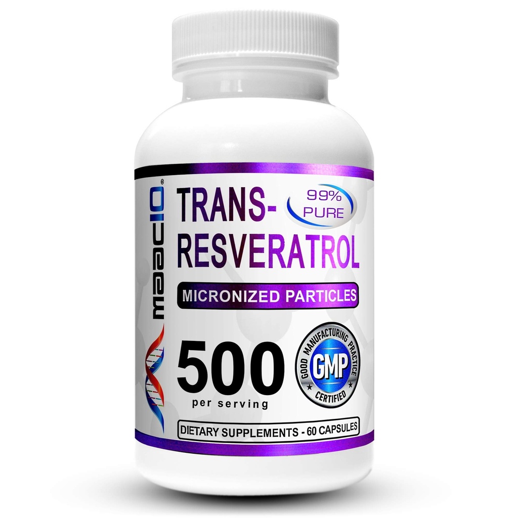 MAAC10 Trans Resveratrol 500 mg Supplement (Micronized Pharmaceutical Grade 99% ren trans-Resveratrol Extract + BioPerine for overlegen absorpsjon) (2X 250mg Kapsler 60ct)