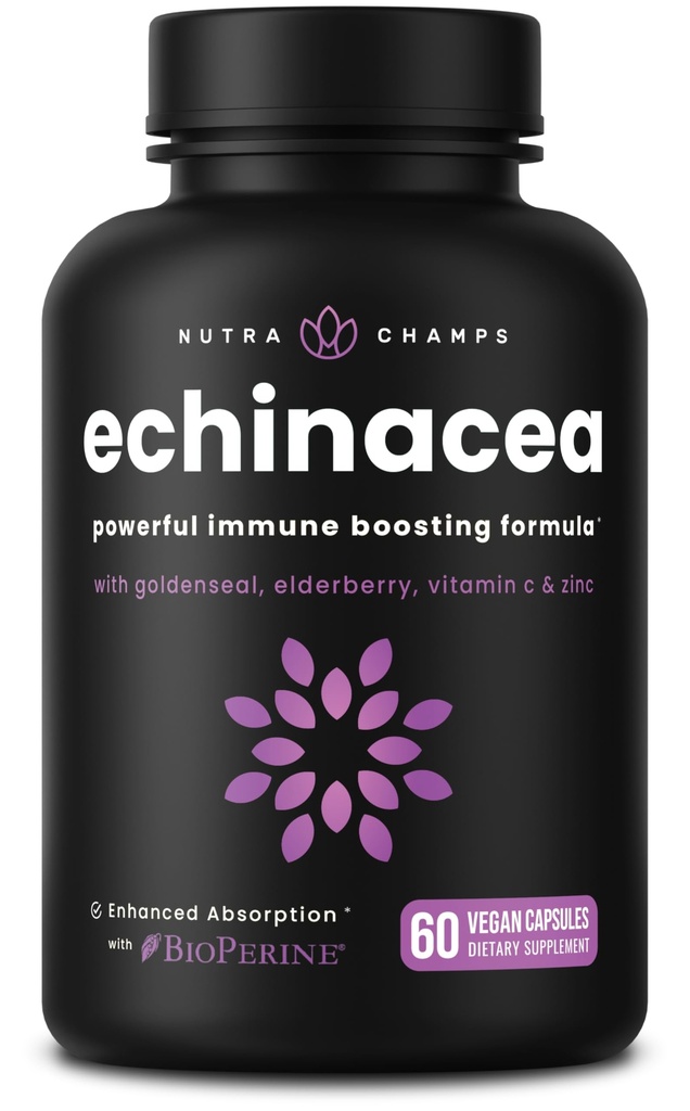 NutraChamps Echinacea Capsules 1000mg - 8-i-1 Immun Support Supplement - Echinacea Goldenseal, Vitamin C, Sink, Ginger, Elderbær - 60 Kapsler
