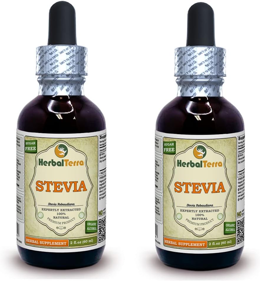Stevia (Stevia Rebaudiana) Tinktur, organisk tørkede blader flytende ekstrakt (merkenavn: HerbalTerra, stolt laget i USA) 2x2 fl.oz (2x60 ml)
