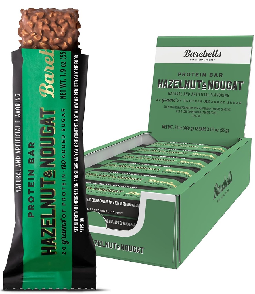 Barebells Protein Bars Hazelnut & Nougat - 12 greve, 1.9oz Bars - Protein Snacks med 20g høyt protein - Sjokoladeprotein Bar med 1g total sukker - På Go Protein Snack & Breakfast Bars