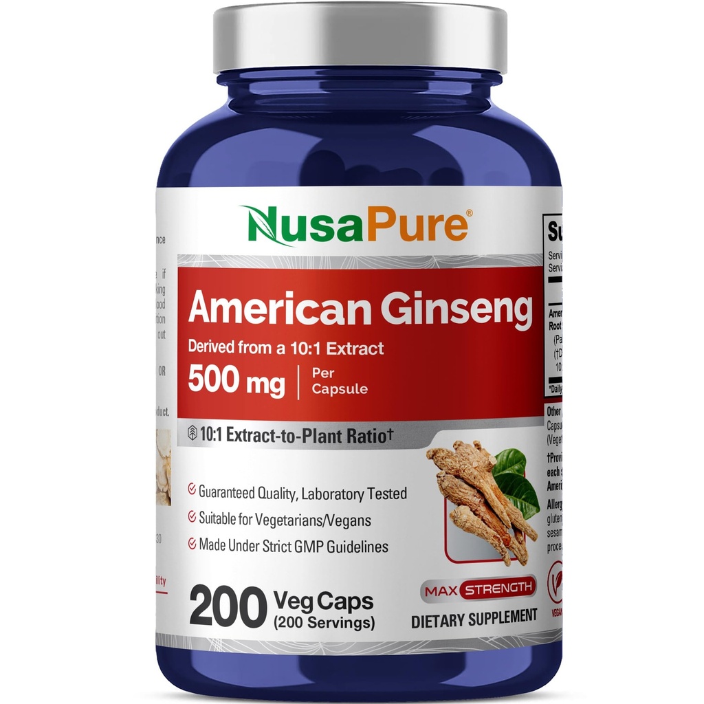NusaPure American Ginseng 10:1 Ekstrakt, 500 mg Tilsvarende til 5000 mg - 200 Veggie Capsules (vegetarian, ikke-GMO, Vegan)