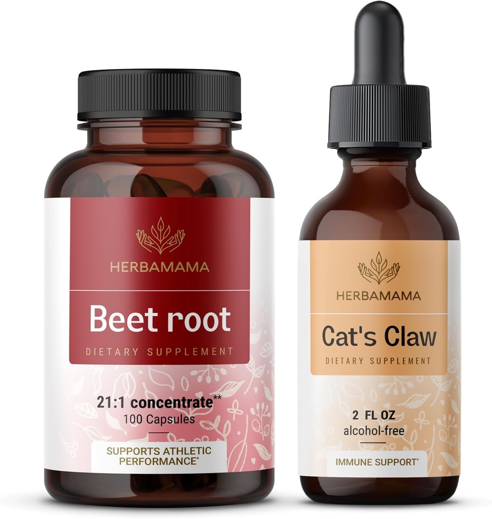 HERBAMAMA Beet Root and Cat's Claw Kit - Bundle of 21:1 Konsentrat Beet Root and Cat's Claw Tinkture 2 fl oz - Vegan, ikke-GMO, sukker og alkohol-fri - 2 pakke