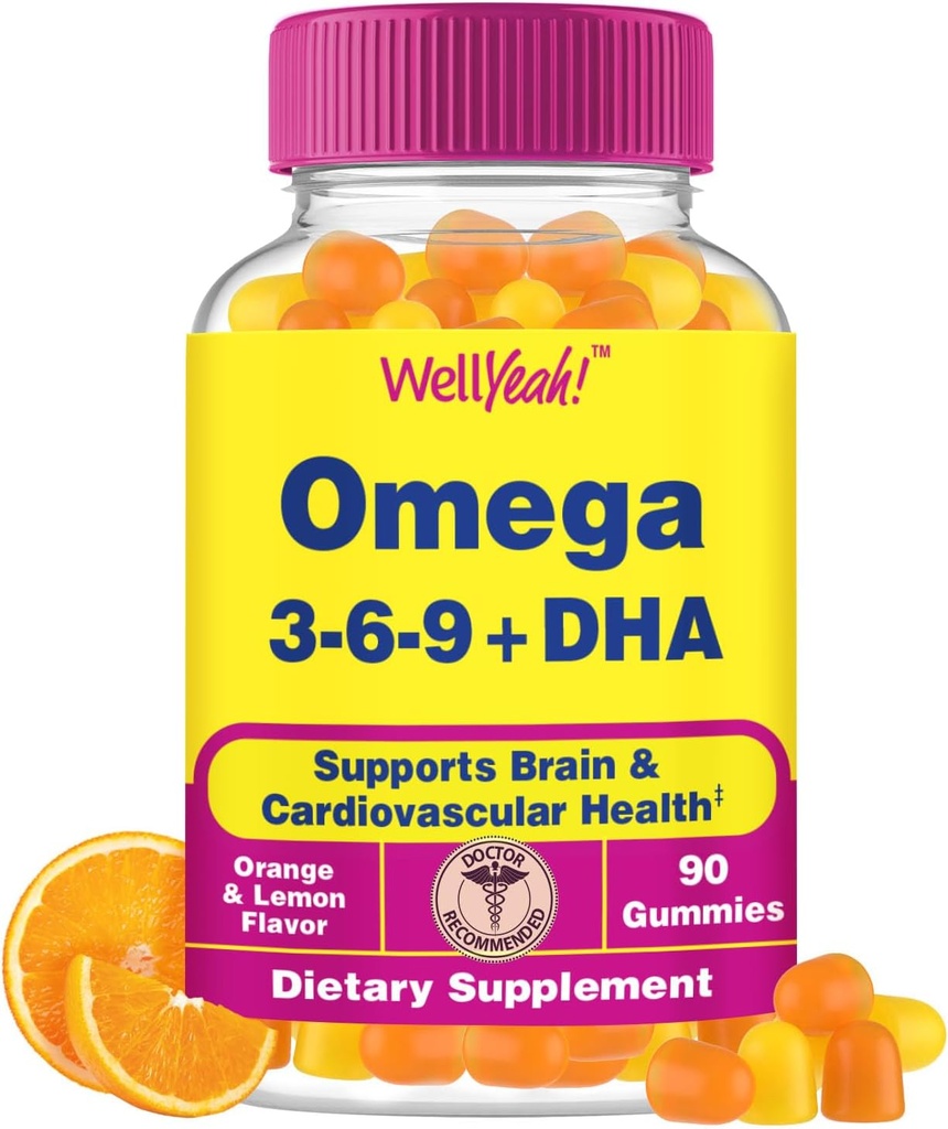 Vel Ja Omega 3 6 9 Gummies | med Flaksfrøolje og DHA | Vegetarisk Omega 3 Fiskeolje alternativ | GMO Free, Glutenfri, Orange & sitron Flavor | Naturlig kildede farger og Flavors | 90 greve