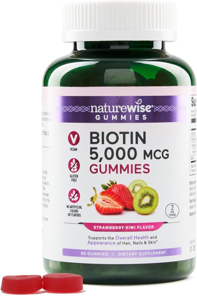 NatureWise Biotin Gummies - støtter sunn hår, hud og sterke negler - Vitamin B7 5000mcg - Naturlig skjønnhet - Jordbær-Kiwi Flavor - Vegansk, ikke-GMO, Glutenfri - 60 Count[30 Day Supply]