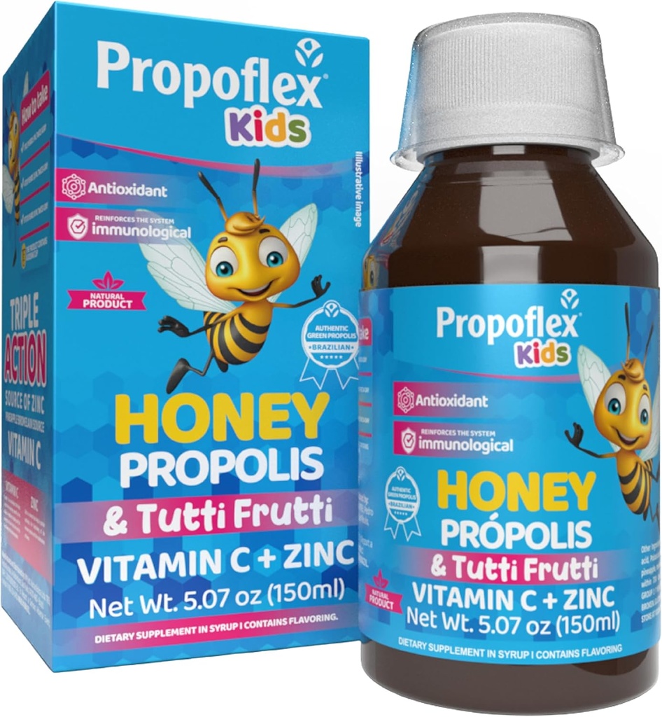 Beelife Bee Propolis Cough Syrup Kids- Triple-Action - Naturlig Syrup, Brasiliansk Grønn Propolis, Sink, Bromelain, Vitamin C-støtte Immunitet & Recovery - fra Brasil, Tutti Fruit Flavor, 150 ml