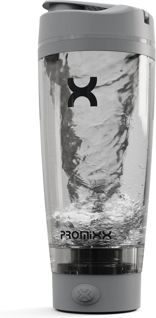 Promixx PRO Shaker Flaske Ny versjon – Oppladbar, kraftig for glatte proteinshakes – inkluderer tilleggslagring, BPA gratis, 20oz Cup, Cool Gray