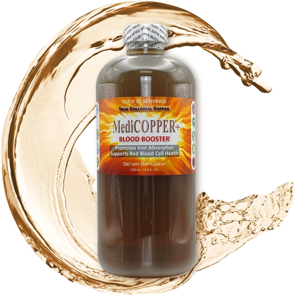 MediCOPPER® Plus Blood Booster True Colloidal Kobber CuNP Næringstilskudd - 500 ml i klar plastflaske