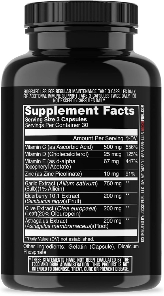 Jocko drivstoff immun støtte supplement - eldrebær med sink og vitamin C for voksne - immunforsvar med vitamin C, D3, supermat, urter, & mineraler (90 kapsler)