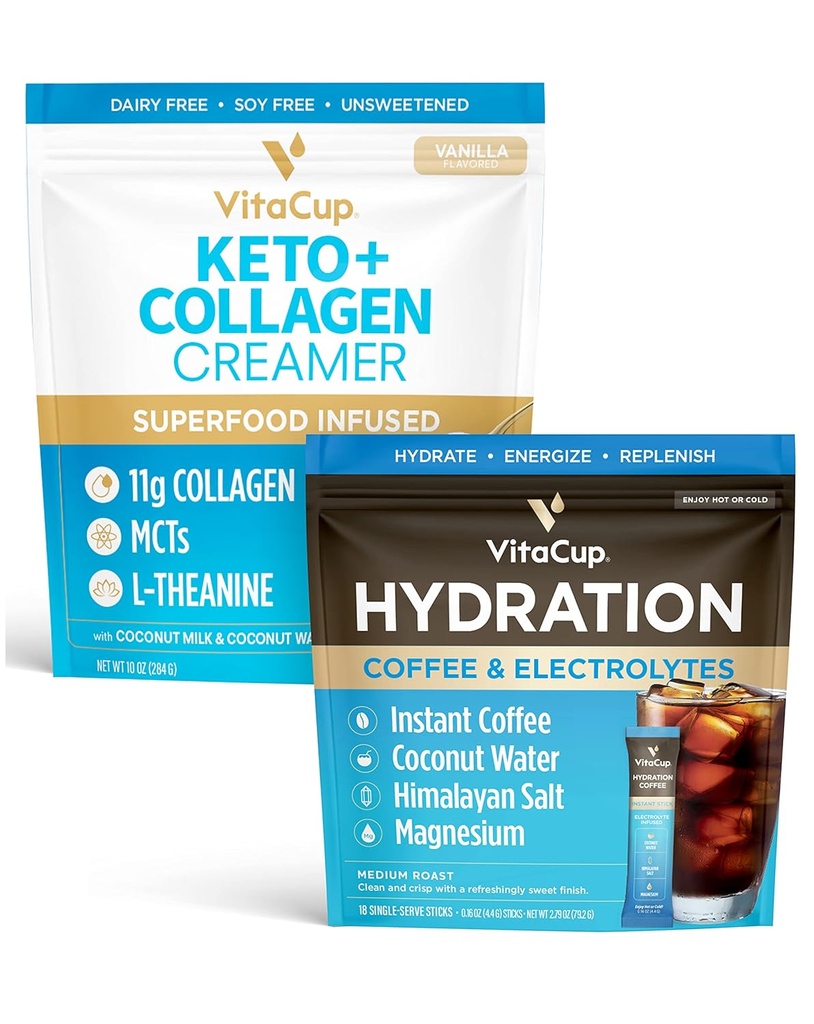 VitaCup Hydration Instant Coffee Sticks m/Electrolytes, Kokosvann, Medium Roast 18ct & Keto + Collagen Vanilla Kaffekremer m/Superfoods & MCTs, 10 oz