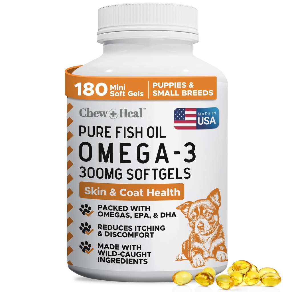 Wild Fanget Omega 3 Fiskeolje for hunder - 180 Softgel Kapsler for sunn hud og Coat - 300 mg mini hund fisk olje piller for shedding, tørr kløende hud, og varme flekker - Pet Omega Salmon Supplement
