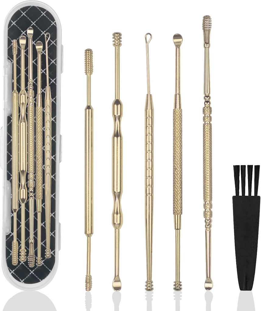 Hion 6 stk Extended ørevoksfjerning Kit, Profesjonell dobbel Headed øreplukk ørevoksne fjerningsverktøy, 316L rustfritt stål ørerenser curette med rengjøringsbørste og lagringsboks,Suit for Kid Adult(Gold)