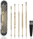 Hion 6 stk Extended ørevoksfjerning Kit, Profesjonell dobbel Headed øreplukk ørevoksne fjerningsverktøy, 316L rustfritt stål ørerenser curette med rengjøringsbørste og lagringsboks,Suit for Kid Adult(Gold)
