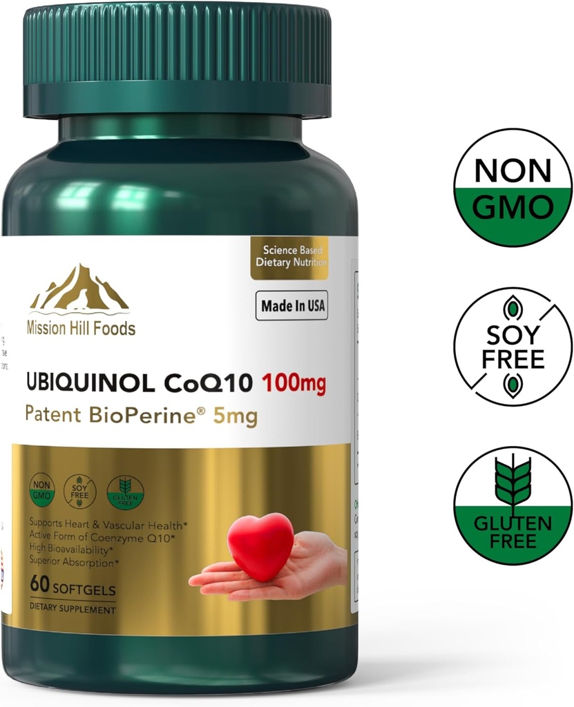 Premium Ubiquinol CoQ10 + BioPerine (100mg) | Antioksidant for hjertehelse (1 flaske-60 Softgels-2mo Supply) | Høy absorpsjon hjerte & vaskulære vitaminer | Ikke-GMO & Glutenfri