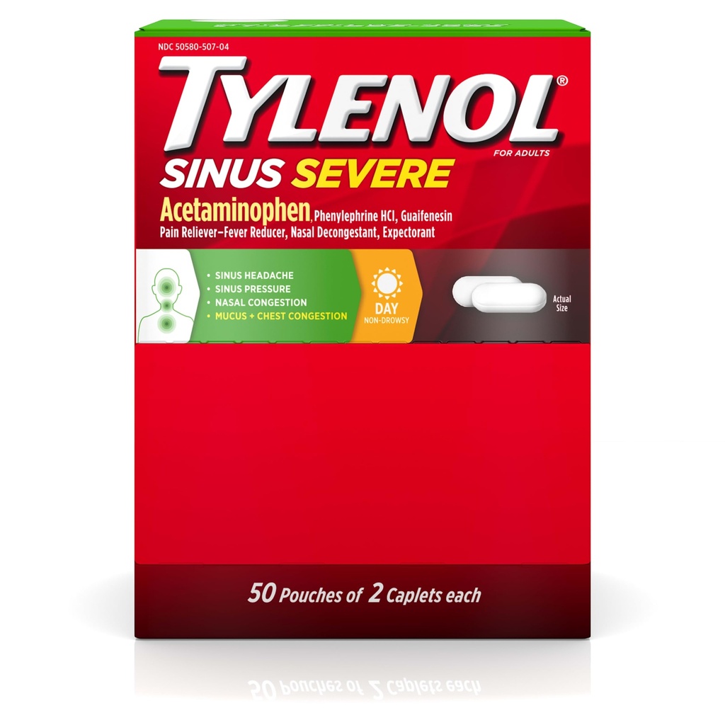 Tylenol Sinus alvorlig dagtid kapell med acetaminophen 325mg, Guaifenesin 200mg & Phenylephrine HCl 5mg, ikke-drowsy smertefri, forventningsfull og nasal decongestant, 50 reisepakker med 2 ct