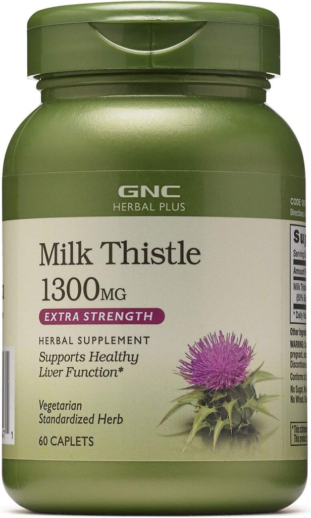 GNC Herbal Plus Milk Thistle 1300mg Supplement, Ekstra styrke, vegetarisk, støtter sunn leverfunksjon, 60 serveringer