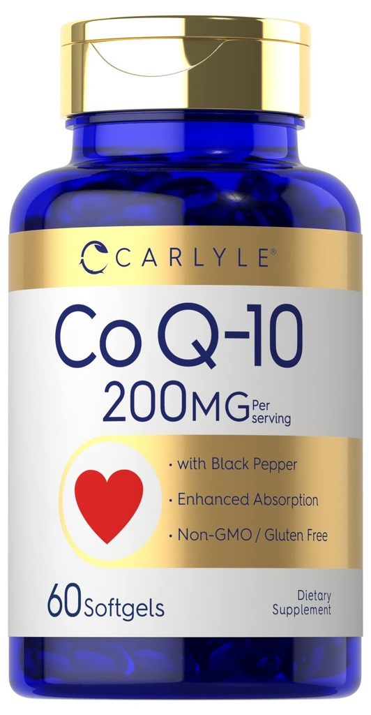 Carlyle CoQ10 200mg Softgels | 60 greve | med svart pepper | Forbedret absorpsjon | Ikke-GMO, Glutenfri Supplement