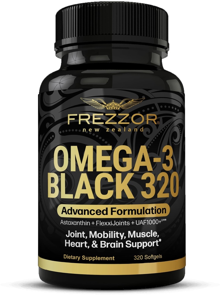 FREZZOR Omega 3 svart - Grønn leppede krusoljekapsler, laget i New Zealand, UAF1000+, felles omsorg og relief, hjerte & immun støtte, ingen fiskelig ettersmak, 320 telle (pakke med 1)