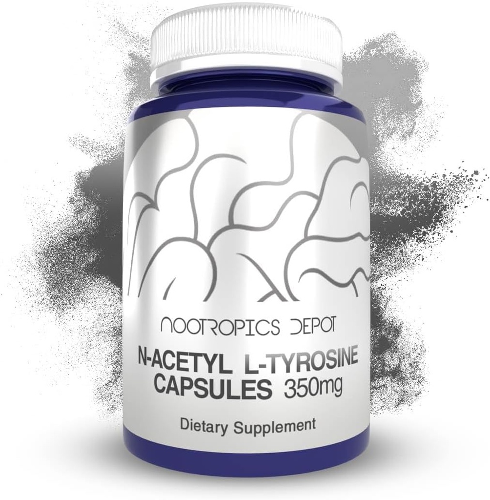 Nootropics Depot N-Acetyl L-tyrosin kapsler | 350 mg | 240 greve | NALT | Aminosyre Supplement | Naturlig Supplement | Støtter hukommelse, læring, fokus, sunn stressnivå