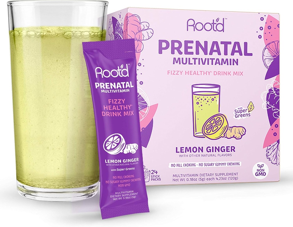 Rooted - Powder Prenatal Vitamin - Graviditet Multivitamin med 25 vitaminer og mineraler A, C, D, E, B12, B6, K, Iron, Folat, Probiotika, Organic Super Greens ® Lemon Ginger ® 24 Effervecent Stick Packs