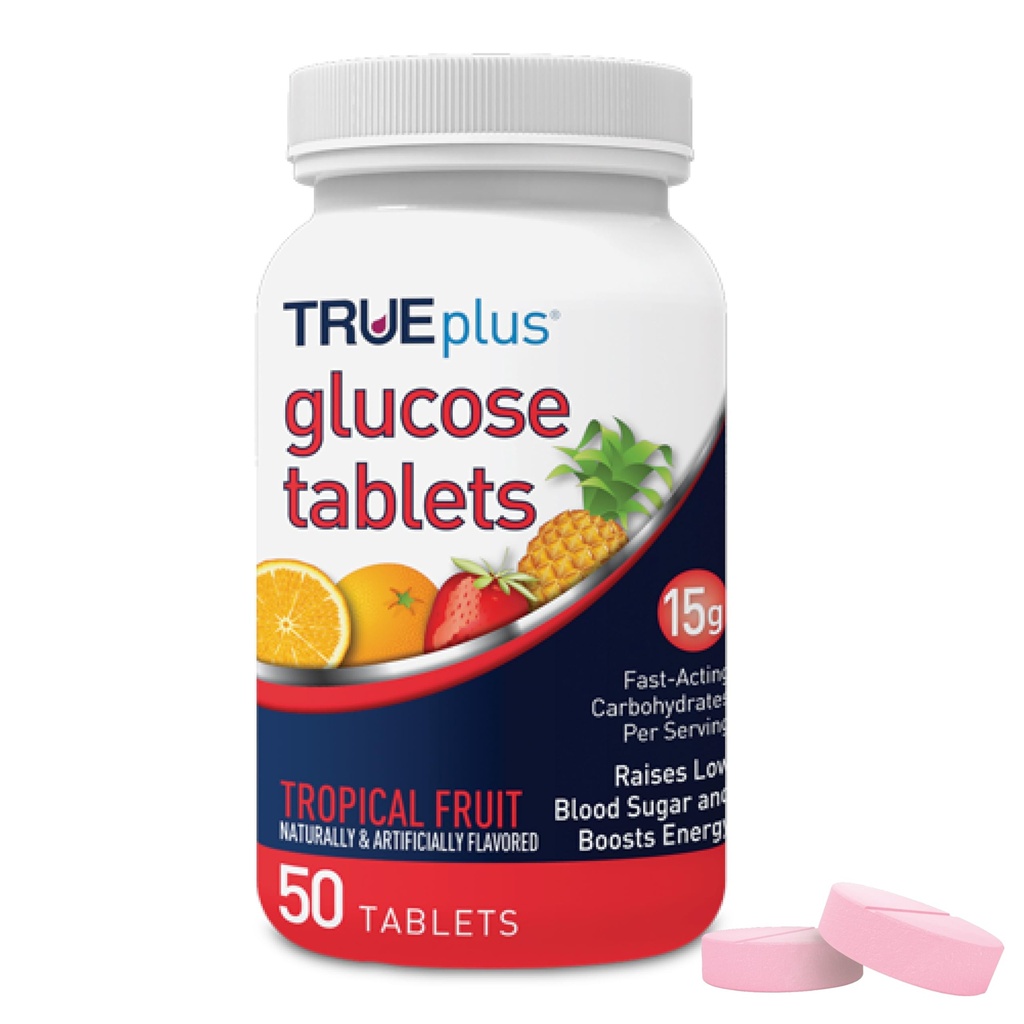 TRUEPlus® Glucosetabletter, Tropisk fruktflavor - 50ct flaske