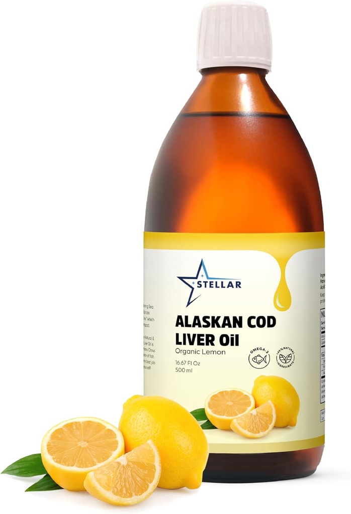 Stellar Alaskan Cod Liver Oil - Økologisk sitron, 16.67 oz Wild-Caught i USA | Rich i Omega-3 DHA/EPA & Vitamin D | Ikke-GMO-sertifisert | Støtter hjerte, hjerne og immun helse