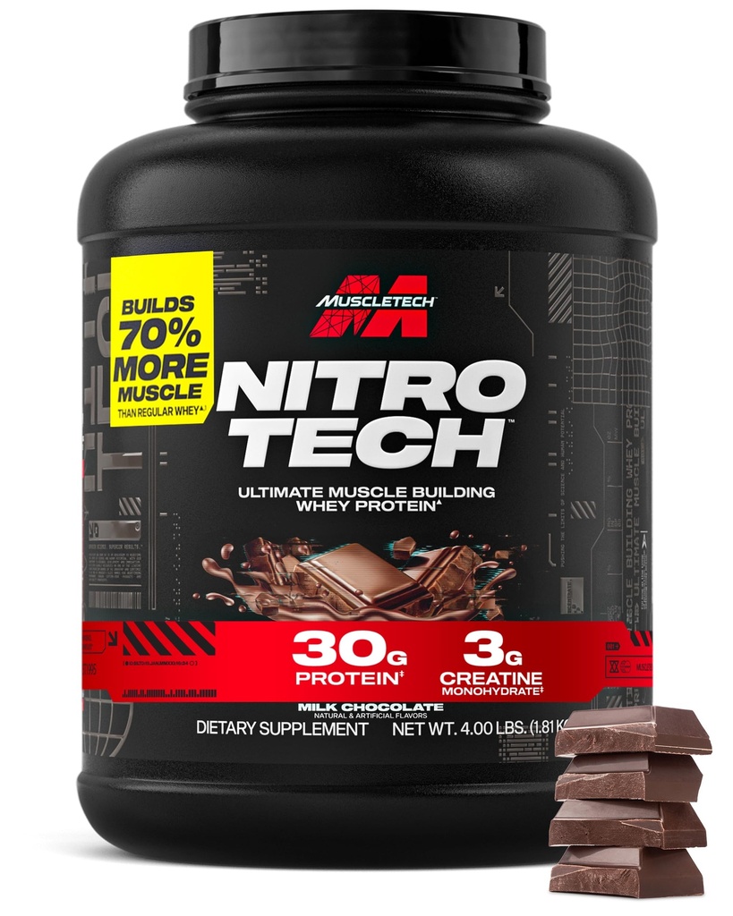 Muscletech Whey Protein pulver (Milk sjokolade, 4 pund) - Nitro-Tech Ultimate Muscle Building Formula med Whey Protein Isolate - 30 g protein, 3 g kreatin & 6,8 g BCAA - emballasje May Vary