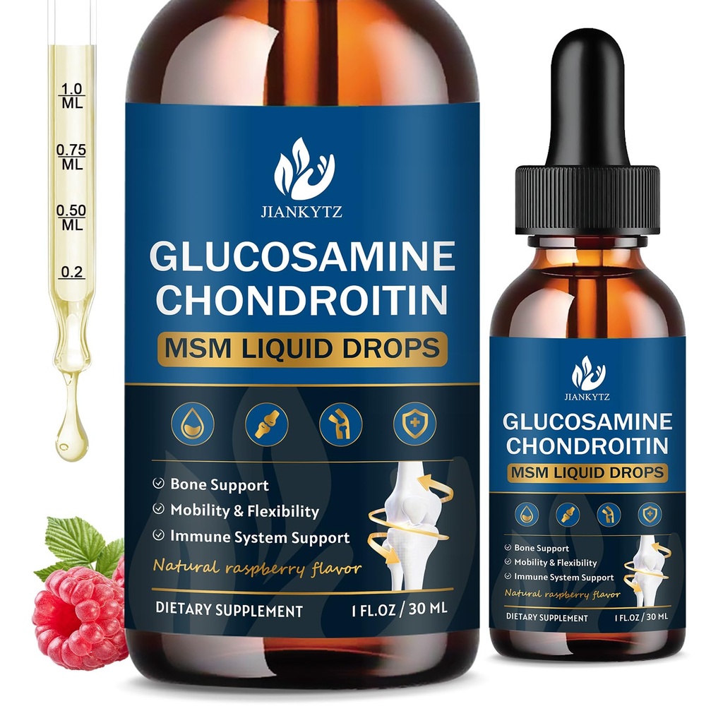 (2 Pack) Glucosamine Chondroitin MSM flytende dråper, høy absorpsjon, antioksidant, immun, bein støtte, MSM Supplement for menn og kvinner, Vegan, sukker-fri, bringebær flavor, 1 Fl Oz