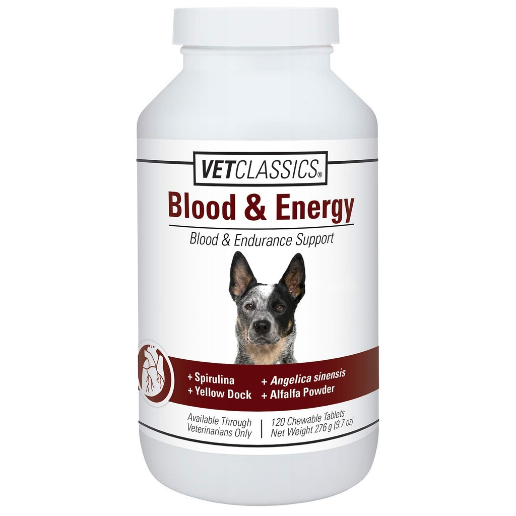 Vet Classics Blod- og energistøtte for hunder, støtter utholdenhet med Spirulina, Yellow Dock, & Alfalfa støtteformasjon av hemoglobin og Myoglobin, 120 Chewable Tabletter