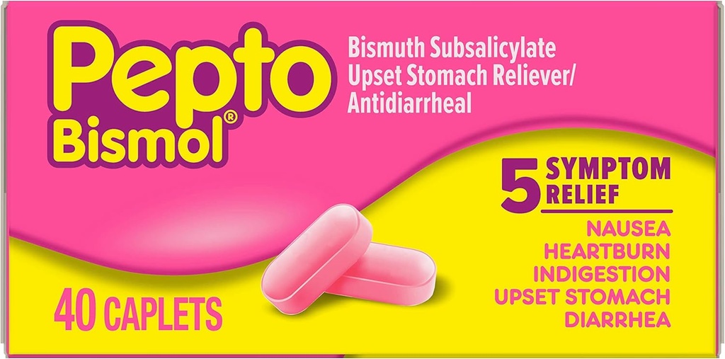 Pepto Bismol Caplets for hemmighet, Heartburn, Indigestion, Upset Mage, og diarré, 5 Symptom Fast Relief i en beleilig form, 40 ct
