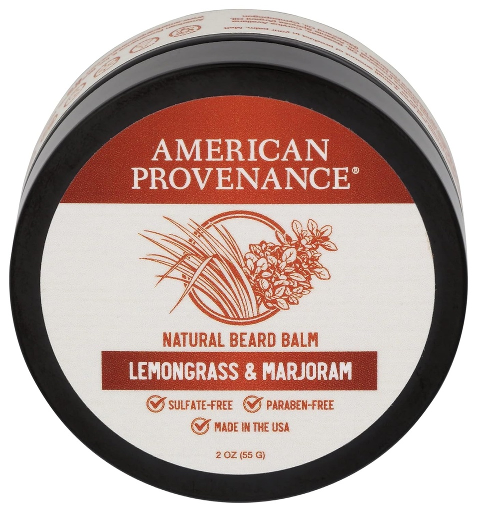 Amerikansk Provenance Premium Natural Beard og Mustache Balm for menn med Shea Butter, Jojoba olje, Argan olje - Grooming Balm som betingelser, Moisturizes og Strenthens Beards og Mustaches av enhver lengde | Lemongrass & Marjoram, 2 oz (Pack of 1)