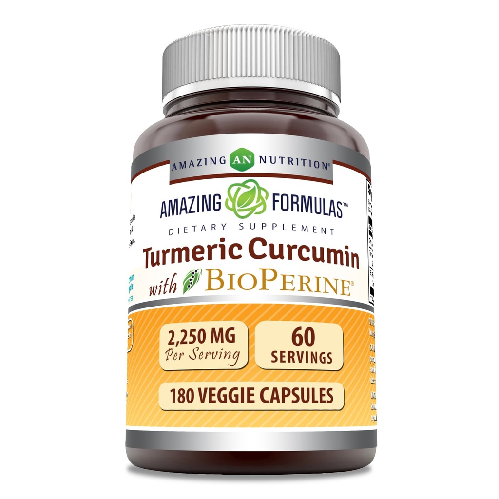 Amazing Formler Turmeric Curcumin med Bioperine Supplement | 2250 Mg per servering | Veggie kapsler | Ikke-GMO | Glutenfri | laget i USA (1 pakke, 180 greve)