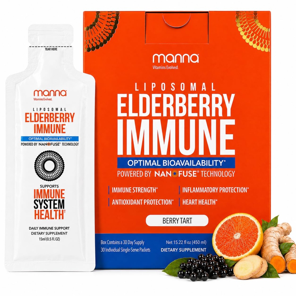 Manna vitaminer involvert Liposomal eldrebær immunpakker, vitaminer C, D etc. - Daglig immun støtte for voksne, barn - sukkerfri, ekte eldrebær ekstrakt, Syrup, reisevennlig, 15 Pack