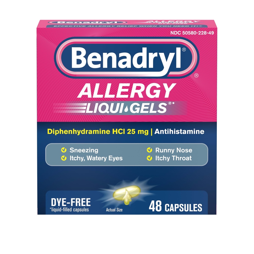 Benadryl Liqui-Gels Antihistamine Allergi medisin & kald symptom relief, Dye-fri flytende geler med 25 mg diphenhydramine HCl for symptomer som, Runny Nese, Sneezing og mer, 48 ct