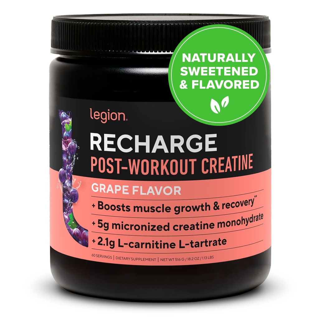 LEGION Recharge Post Trening Supplement - Alle naturlige muskelbyggere og gjenopprette drikke med mikronisert kreatinmonohydrat. Naturlig søt og smakfull, trygg og sunn. (Grape, 60 Servering)