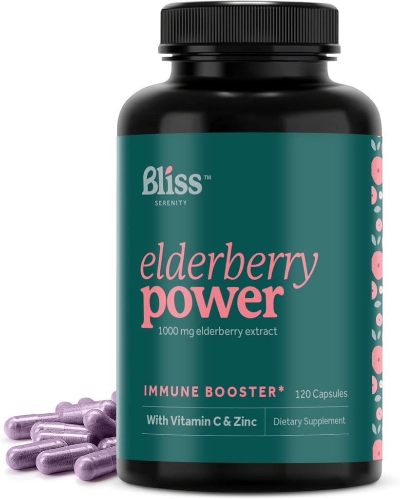 Eldrebær med sink og vitamin C for voksne - Sambucus Elderberry Capsules - 1000 mg Ekstrakt, immunstøtte Supplement for kvinner og menn, med antioksidant fruktblanding, 120 Vegkapsler, 60 dagers forsyning