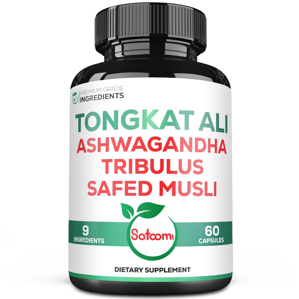 Satoomi Tongkat Ali Root Extract 200:1-9 Essentielle urter med Ashwagandha, Tribulus terrestris og mer - Støttestyrke, energi og sunn immunforsvar - 60 Vegan Caps 2 måneders forsyning