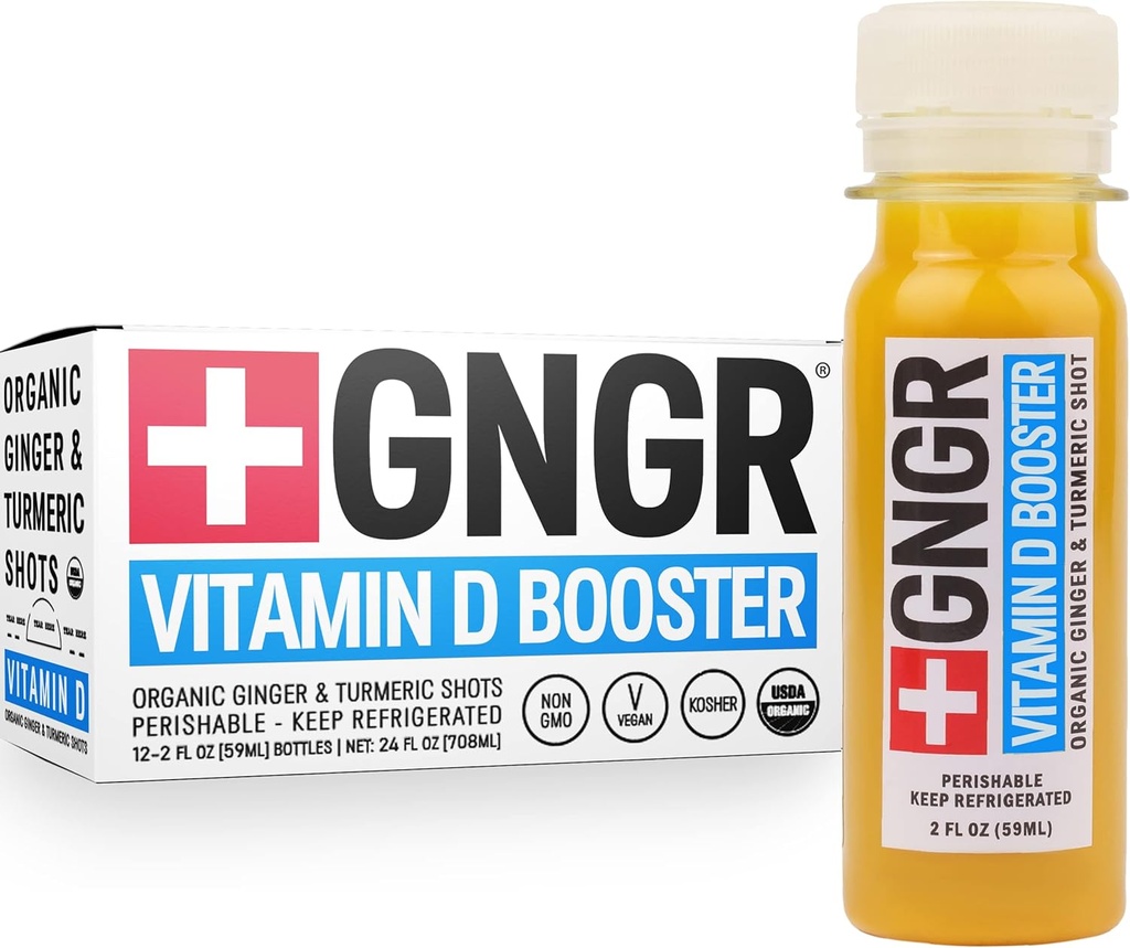 +GNGR Vitamin D Booster - Tropisk immunitet Booster Edition Kaldpresset Ginger Shot med Pineapple, Passion frukt, oransje, gurkemeie og vitamin D3. Mood, immunitet og energi. 2 fl oz (Pack of 12)