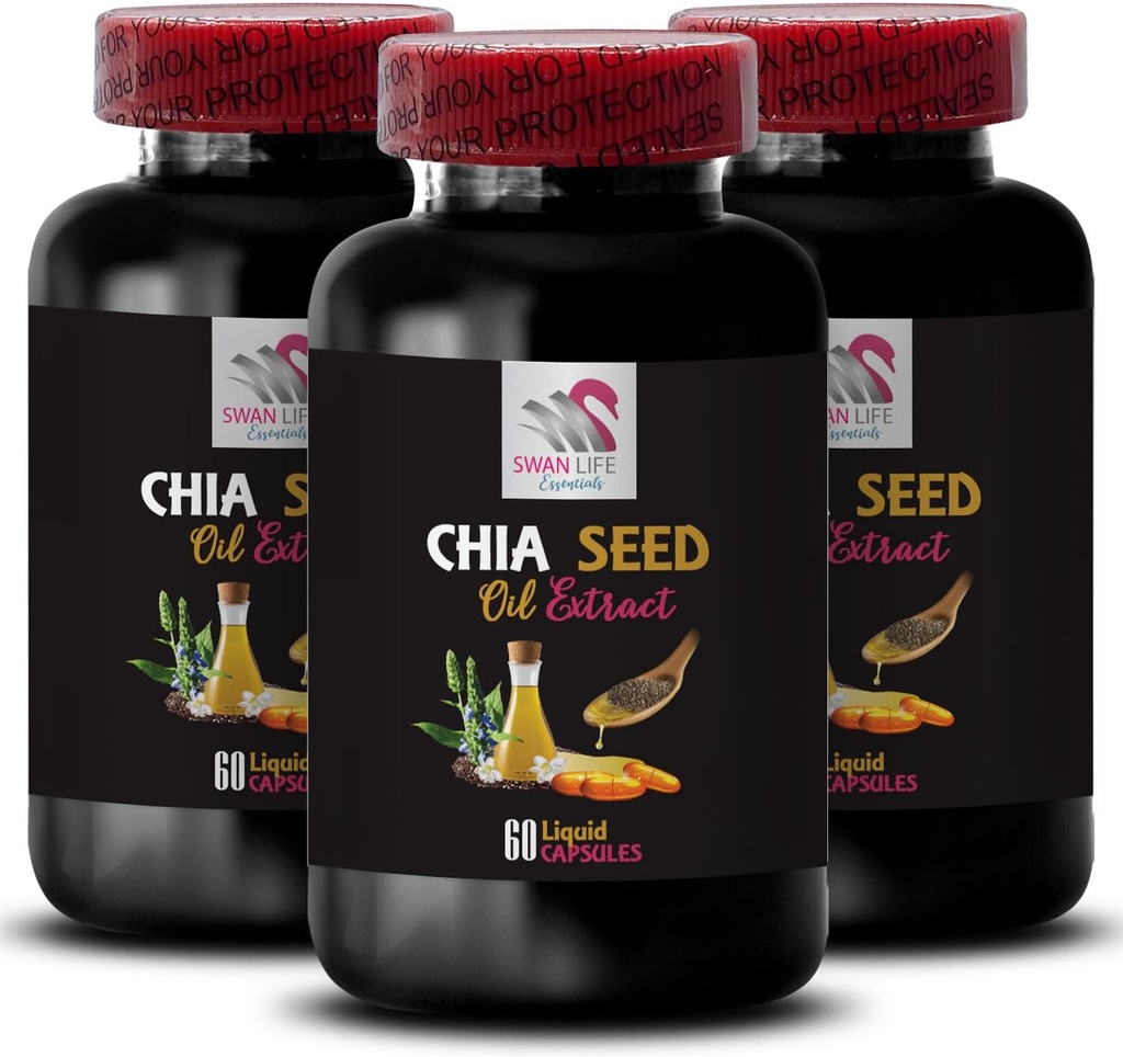 Plantebasert olje - CHIA SEED OIL EXTRACT - Hydrating olje, rik tekstur, hårpleie, Glossy finish, Naturlig glans, Chia fordeler, Lett tekstur, Ren hydrering, Kroppsolje, Glødeolje 3 Flaske 180 Caps