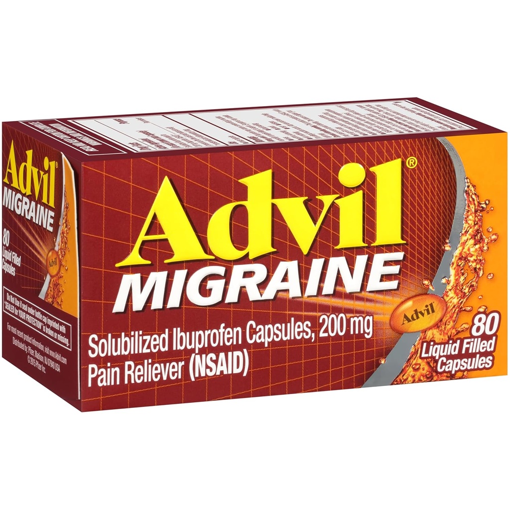Advil Migraine Pain Reliever, Solubilisert Ibuprofen 200 mg, 80 greve, Flytende fylte kapsler, Kraftig Migraine Relief