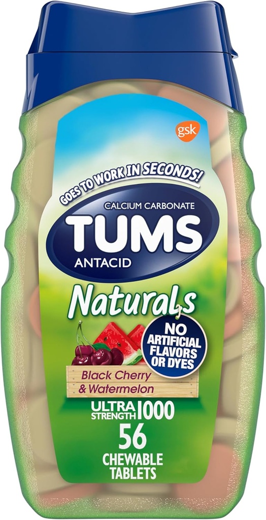 TUMS Naturals Ultra Styrke Antacid Chews for Heartburn Relief, Svart Cherry & Watermelon - 56 Telling