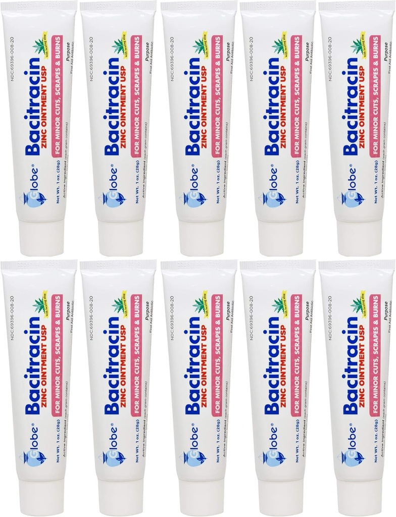 Globe Bacitracin Zinc Ointment 1 oz | Antibiotisk Ointment | essensielle antibiotiske førstehjelpsforsyninger | Helbredelseshandling | Maksimum antibiotisk kraft | forhindrer infeksjon i kutt, skraper, brenner | 10 Pacific |