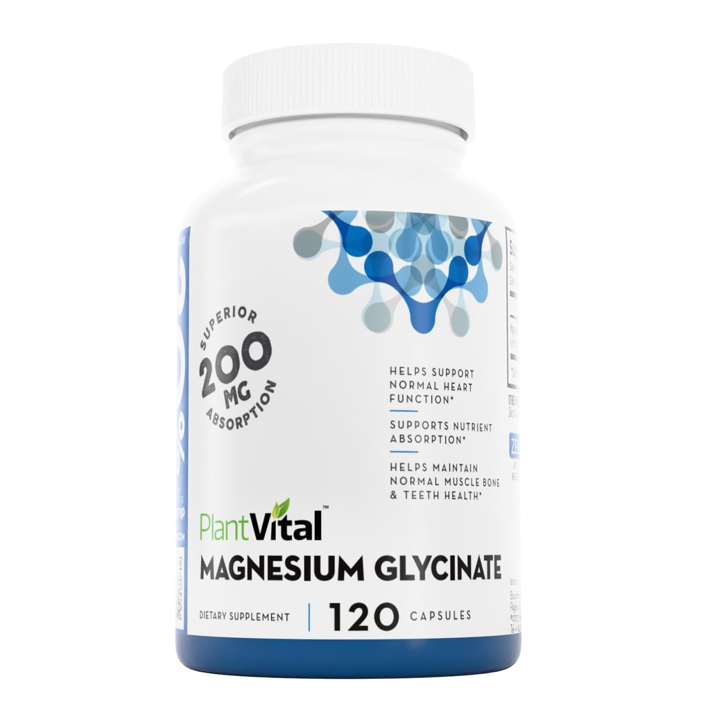 PlantVital Magnesium Glutonat 200 mg 120 Kapsler - høy absorpsjon, ikke-GMO, Vegansk, Glutenfri - støtter normal søvn, muskel- og nervefunksjon, normal hjerte- og beinhelse, hjelper deg å føle deg rolig og slappe av