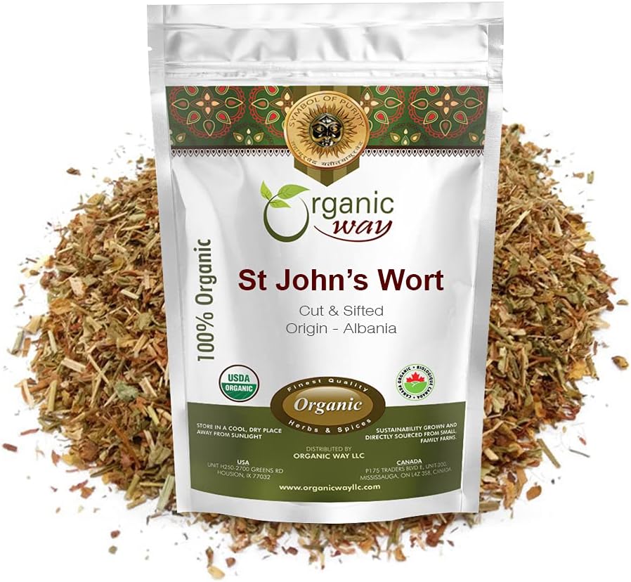 Organic Way St. John's Wort Cut & Sifted (Hypericum perforatum) - Herbal Te | Europeisk Wild-Harvest Organic, Kosher & USDA Certified | Vegan, Ikke GMO & Glutenfri | Opprinnelse - Albania (8 Oz)